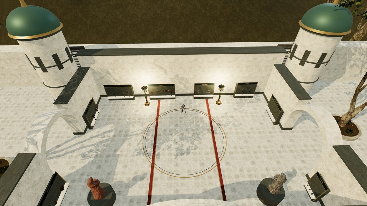 Meridian Hold from above: a white marble courtyard with green domes, lanterns and weapon racks